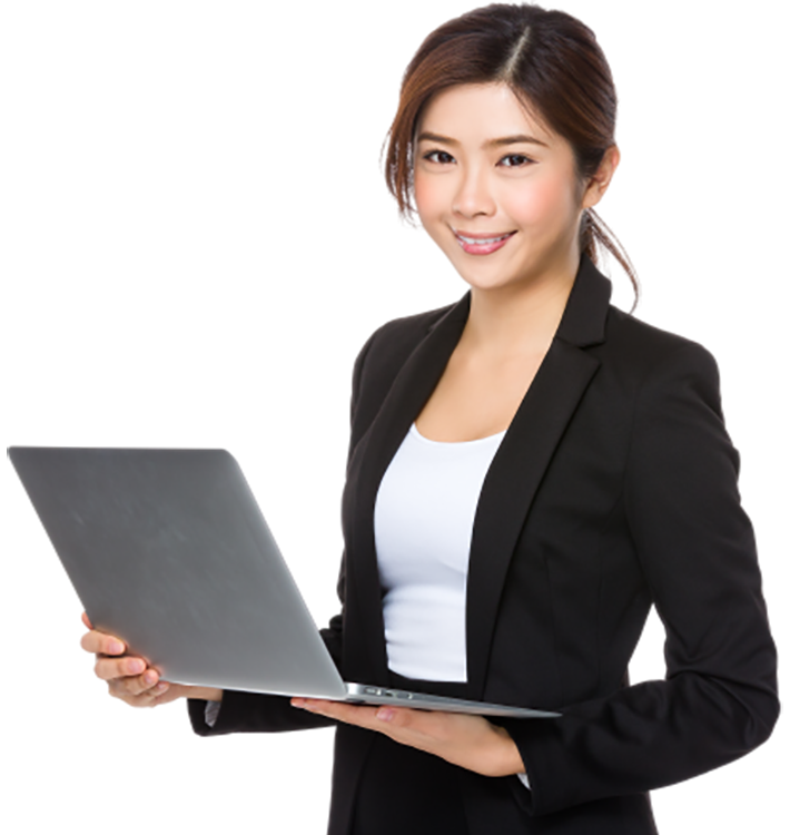 A woman holding an open laptop computer.